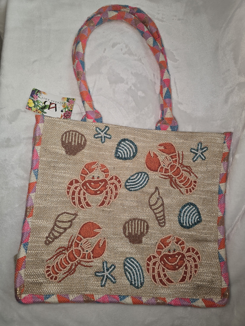 Beach Embroidered Jute Tote Bag - Multicolor
